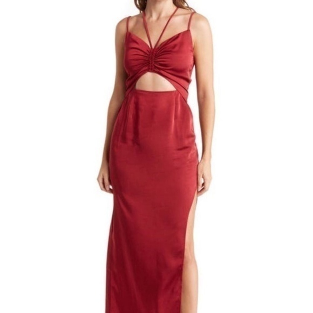 Merlot Cutout Shirred Front Side Slit Maxi Dress